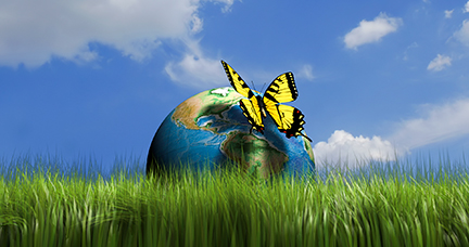 Earth globe in grass and an yellow butterfly - 3d render